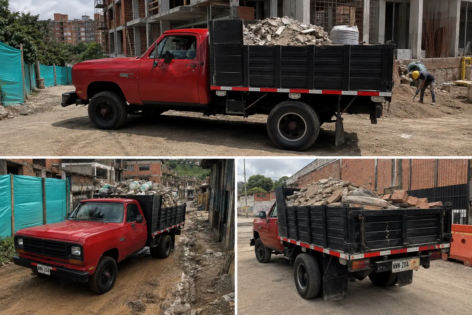 Camión de estacas cargado con escombro de obra en Medellín, en tres tomas: de costado frente a una construcción, en la calle con el platón lleno y por detrás con escombro y ladrillo