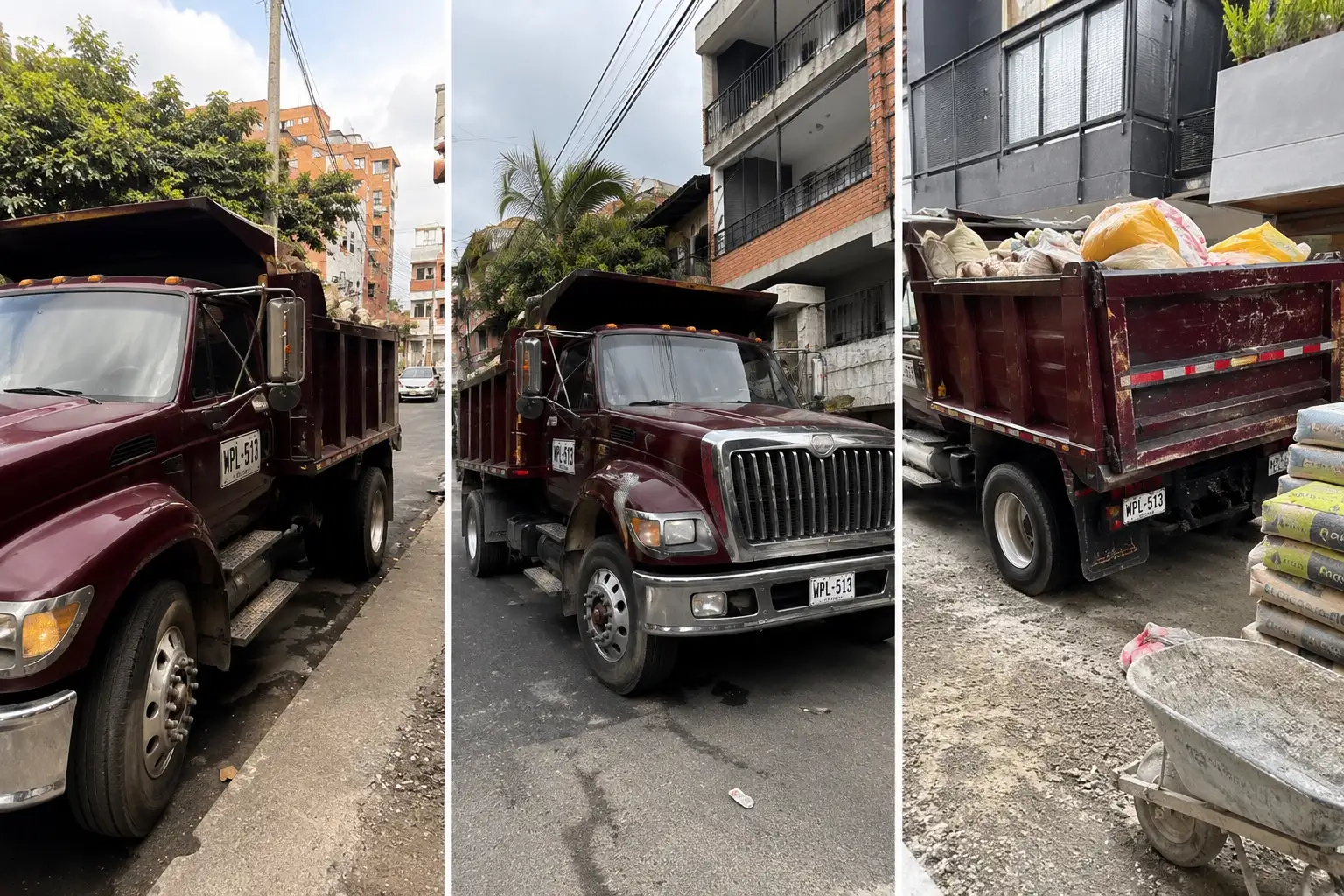 Volqueta sencilla en Medellín, en tres tomas: de costado en la vía, de frente con el platón cargado y por detrás con escombro en bultos junto a bultos de cemento